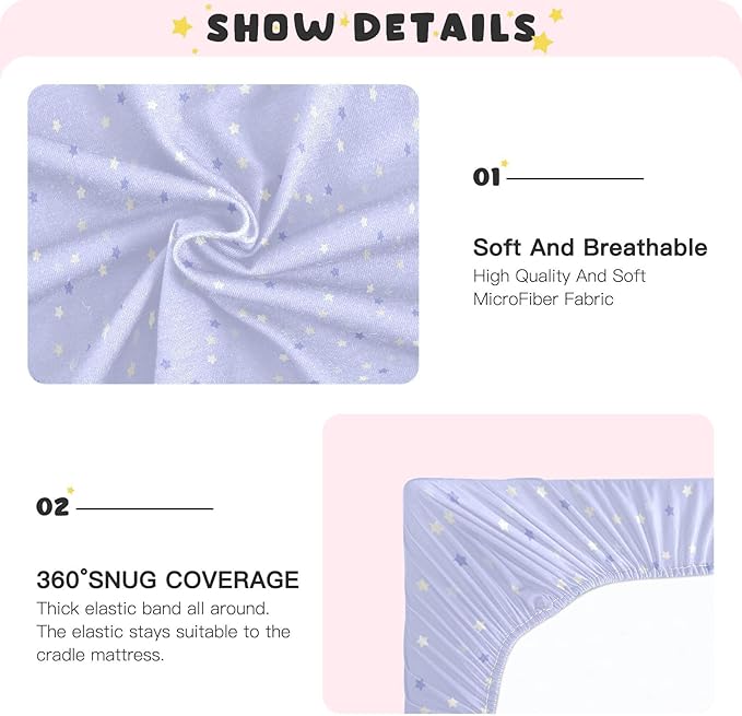 Baby Crib Sheets Cute Purple Star on Blue Sky Crib Sheets for Boys Girls,Neutral Bassinet Toddler Bed Play Sheets Breathable Soft and Portable 52 * 28 * 9in