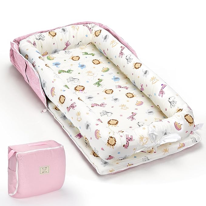 Baby Lounger for Newborn, Huggynest Portable Infant Lounger for 0-12 Months Newborn, Home Travel Dual-Purpose Baby Nest (Animal World Pink)