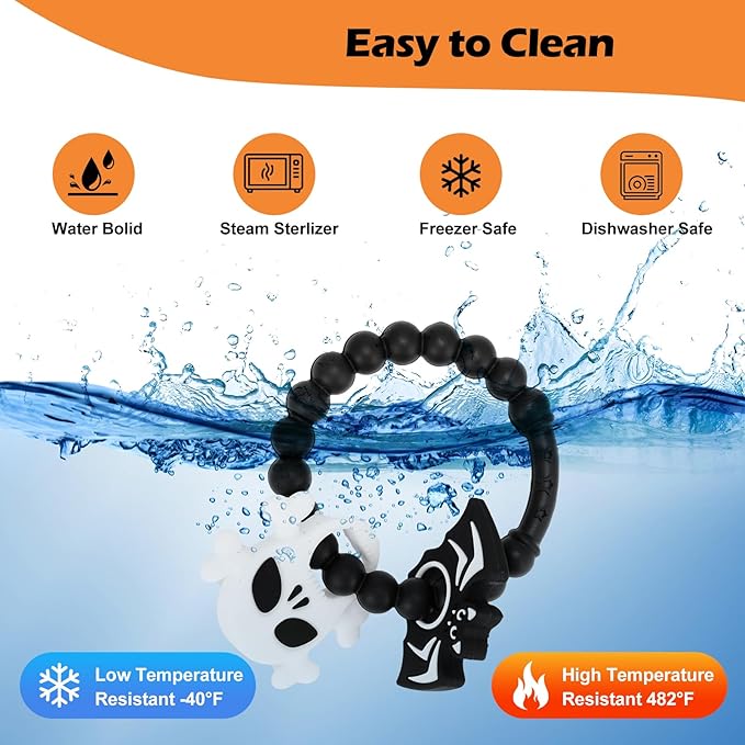 Halloween Baby Teething Ring Toys – Skull & Bat Silicone Teethers for Newborns, Infants & Toddlers – Sensory Chew Bracelet for Teething Relief – Perfect Baby’s First Halloween Basket Stuffers