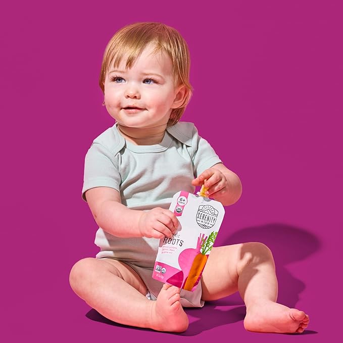 Serenity Kids 6+ Months Baby Food Pouches USDA Organic Veggie Puree - BPA-Free - No Added Sugar Allergen-Free - Savory Sweet Potato & Carrot, Beet Baby Snacks - 3.5 Oz, 6 Pack