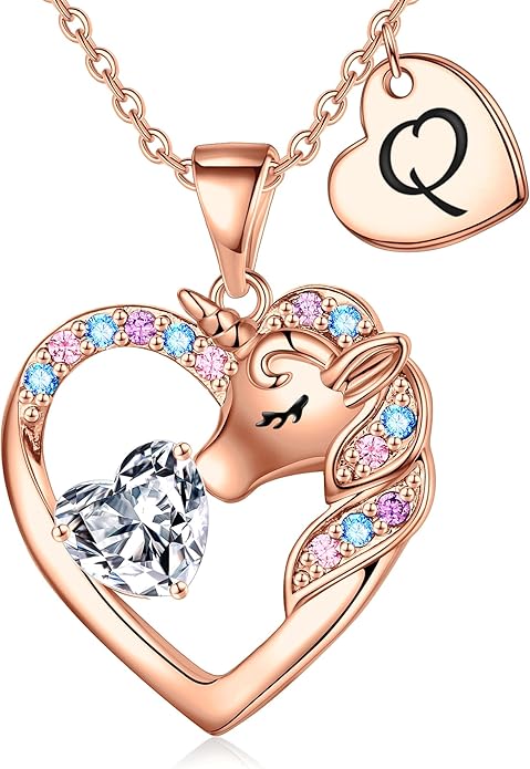 Unicorn Necklace Gifts for Girls Kids - Colorful CZ Heart Initial Necklaces Unicorn Necklace for Girls Jewelry Birthday Gifts for Little Girl Kids