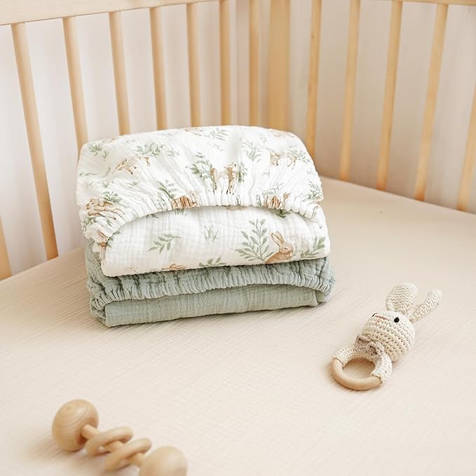 Konssy Muslin Crib Sheets 2 PCS, 100% Cotton Baby Crib Sheets for Standard Crib Mattress (28"x 52"), Soft and Breathable for Boys, Girls (Woodland,Sage)