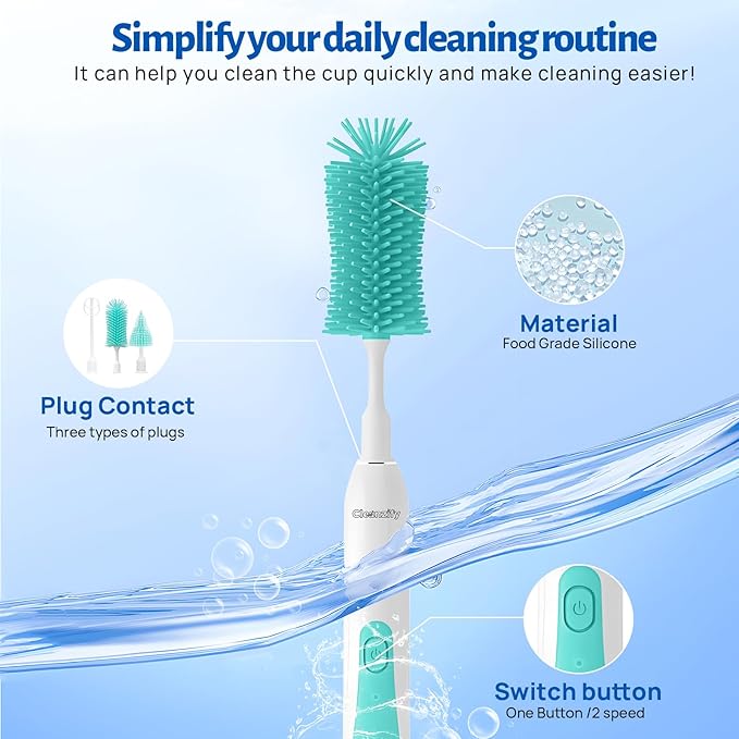 Electric Bottle Cleaner, Rechargeable Baby Bottle Cleaner Set for Travel, Waterproof with 2 Brush Heads, Straw Brush, Mixing Head, Storage Box