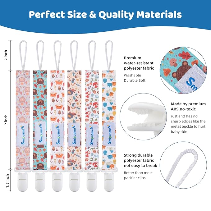 Smlpuame Pacifier Clip for Baby Boys Girl,6 Pack Stylish Binky Clips Strap,Paci Holder with Clips Universal Lightweight Fits Most Pacifiers Teeher toy Teething Ring Soothie,Baby Gifts(Animal)