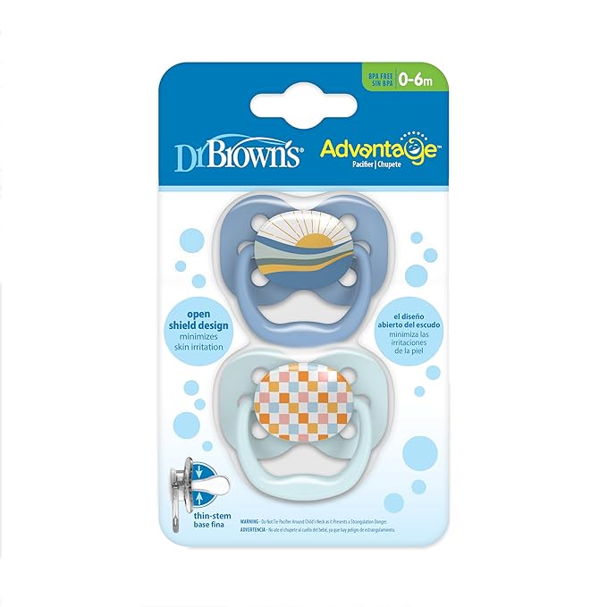 Dr. Brown's Advantage Baby Pacifier, Fully Symmetrical Soother with Soft Silicone Bulb, Blue Sunrise, 0-6m, BPA Free, 2 Pack