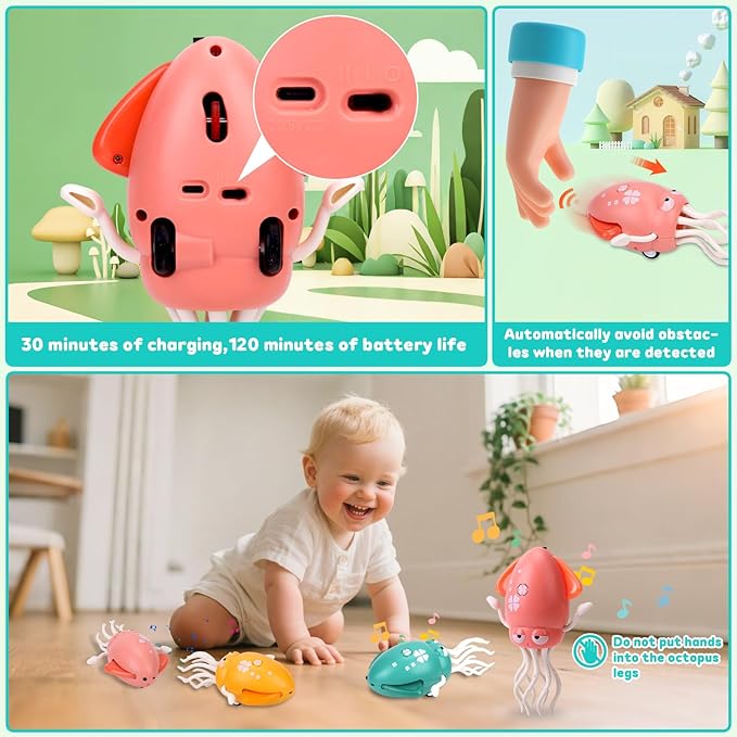 Dancing Octopus Baby Toy, Electric Crawling Squid with Obstacle Avoidance, Infant Light up Music Toys for 3 4 5 6 7 Year Old Kids, Rechargeable Tummy Time Toy Boy Girl Birthday Gifts (Pink)