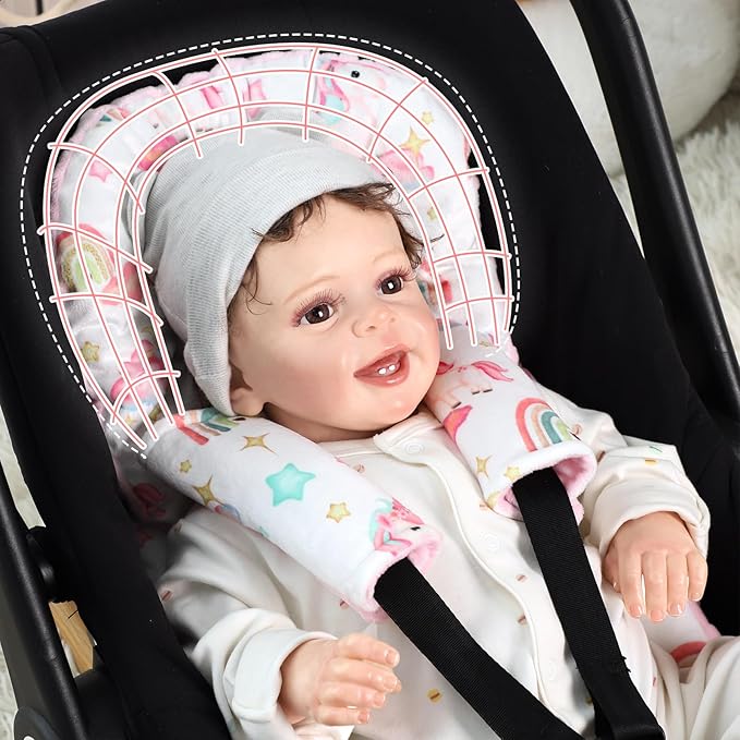 Pea Pod Infant Car Seat Insert with Strap Covers, All in One Reversible Baby Car Seat Head Support for Newborn, 3D Soft Minky Carseat Cushion for Preemie to Infant, Stroller, Swing, Bouncer, Unicorn