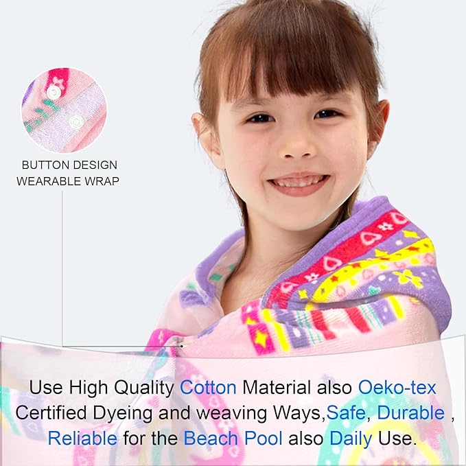 VOOVA & MOVAS Hooded Towels for Kids 3-10Years, 30''X50, Soft | Thick | 100% Cotton | Absorbent Towel Wrap for Girls, Perfect for Toddler Beach, Pool, Bath, Swimming,Rainbow