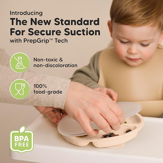 KeaBabies Suction Plates with Lids for Baby - 3-Pack 100% Silicone Toddler Plates with Suction, Divided, BPA-Free Baby Led Weaning Essentials for Kids, Dishwasher, Microwave Safe, Durable (Macaron)