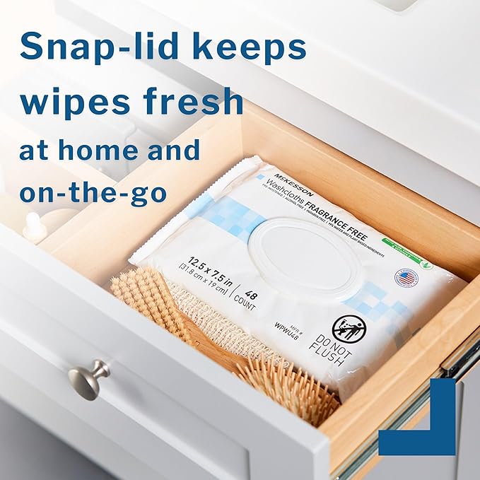 McKesson Washcloth Wipes for Adults, Unscented (6 Pack, 576 Washcloths) Disposable Wash Cloths for Body - Fragrance-Free No-Rinse Formula - Good for Incontinence and Elderly - 96 Wipes Per Pack