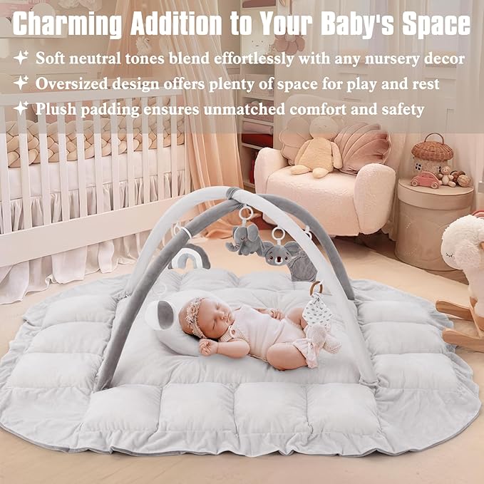 5-in-1 Plush Baby Play Gym, Baby Play Mats, Convertible Baby Gym with Pillow, Tummy time mat, Baby&Ped Bed, 6 Sensory Toys, Baby Activity Center from Newborn to Toddler, Ball Pit, Rectangular Grey