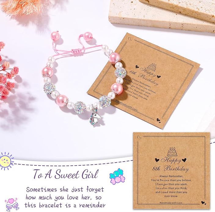 Unicorn Charm Bracelet for Girls - Adjustable Pink Pearl Kids Bracelet for Toddler Girls 4-12 Year Old- Daughter Granddaughter Child's Jewelry Gift for Birthday Christmas gifts