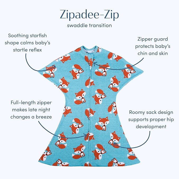 SleepingBaby Zipadee-Zip Transition Swaddle - Cozy Baby Swaddle Blanket with Zipper Convenience - Roomy Wearable Blanket for Easy Diaper Changes - Friendly Fox, X-Small (3-6 Month)