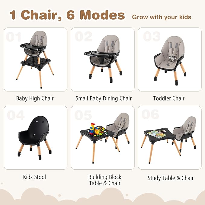 BABY JOY 6 in 1 High Chair, Convertible High Chairs for Babies and Toddlers/Booster Seat/Table and Chair Set, Infant Wooden Highchair w/ 5-Point Harness, 4-Position Removable Tray & PU Cushion (Black)