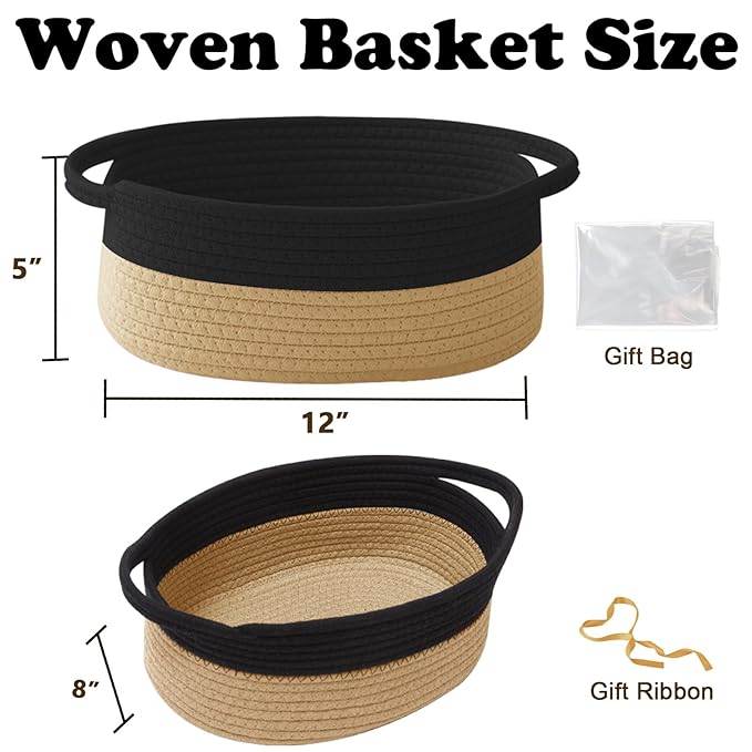 Gift Basket with Gift Bag and Ribbons,Small Rope Woven Shelf Storage,Baskets for Gifts Empty,Birthday,Shower,Decorative Organizer Box for Cat Dog Pet with Handles(Black&Jute)