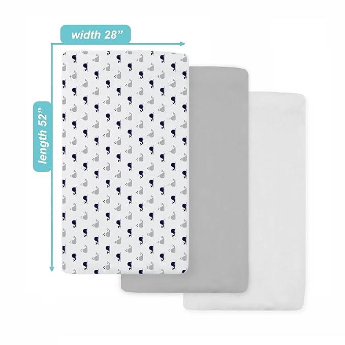American Baby Company 3 Pack 100% Natural Cotton Fitted Crib Sheets 52" x 28" - Soft, Breathable, Hypoallergenic & Gentle Toddler Bed Sheets, Navy Whale/Gray/White, Neutral for Boys & Girls