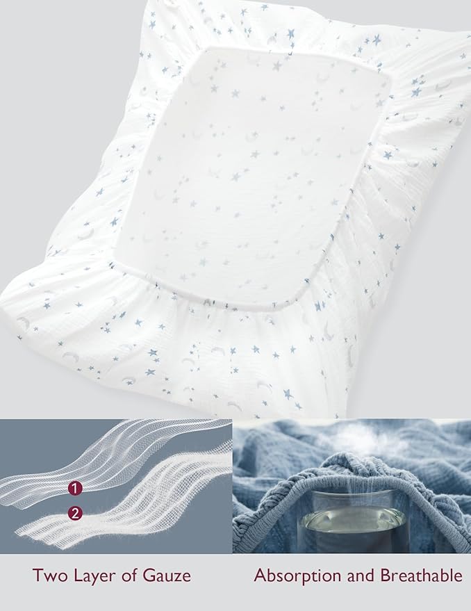 Momcozy Muslin Fitted Mini Crib Sheets, 38''x26'', 2 Pack Soft Breathable Natural Cotton Baby Mattress Sheet, 360° Mattress Wrapping No Slip Boys Girls Neutral Toddler Bed Sheet, Blue Star Moon