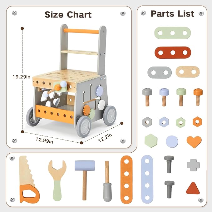 labebe Wooden Baby Walker, Baby Push Walker, Tool Toy for Toddlers, Adjustable Speed Baby Walker with Wheel, Learning Activity Walker for Girls Boys