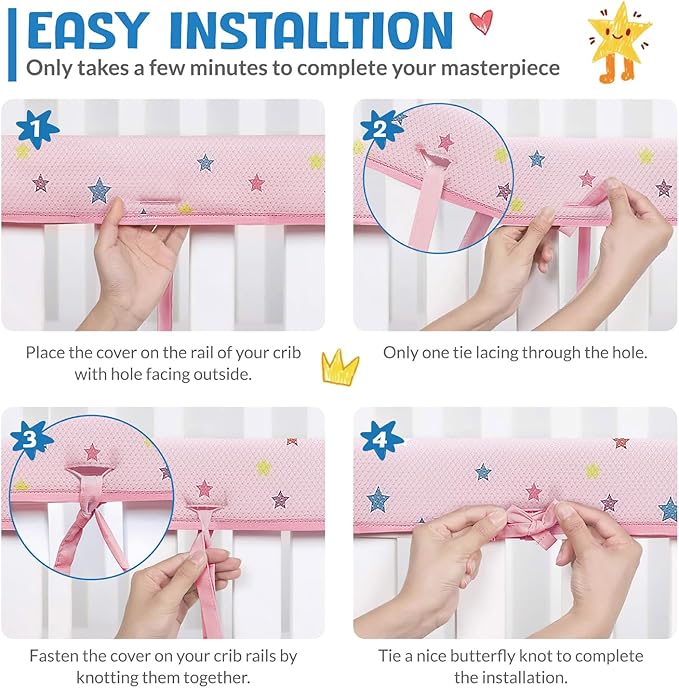 3 in 1 Crib Rail Covers for Teething,Soft Breathable Anti-Collision Crib Teething Rail Cover Edge Protector Strip(2025 New) (Star)