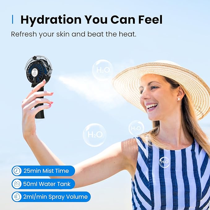 KIBEE Portable Misting Fan - 4000mAh Rechargeable, 50ml Water Tank, Foldable 180° Handheld with Mist Spray, 3-Speed Personal, Portable Charger for Travel, Outdoors, Makeup & More(Gray)