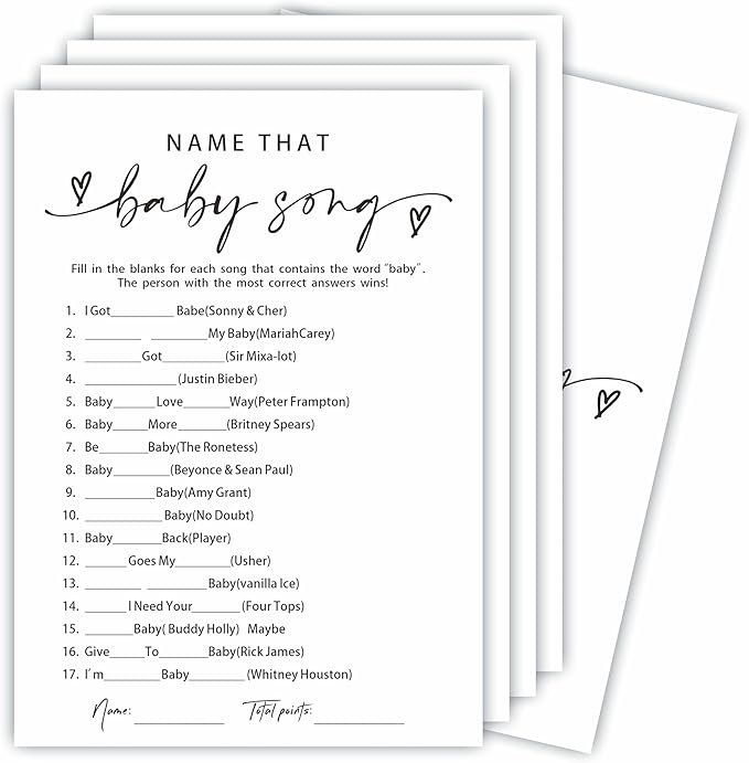 Name That Baby Song - Baby Shower Game Set - Minimalism Ivory - 30 Double-Sided Fill In Style Game Cards With Answer Cards, Gender Reveal, Baby Announcement, Party Favor & Supplies - B05