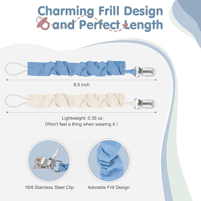 TenderBabe Pacifier Clip,6 Pack Pacifier Holder Clip with Adorable Frill Design,Soft Flexible Binky Clips for Baby Girl and Boy