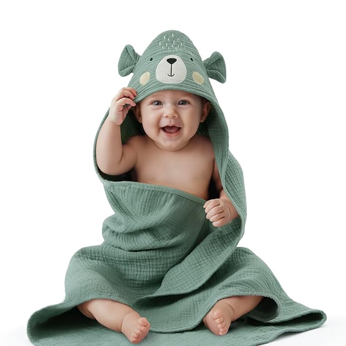 Blissful Diary Muslin Baby Hooded Towel, Soft and Absorbent Bath Towel for Newborn, Infant, Toddler, Unisex, 32″x32″ - Smart Bear