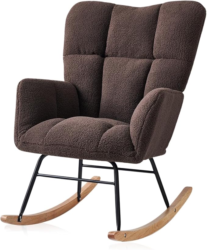 Kiztir Rocking Chair Nursery, High Backrest Teddy Glider Rocker Upholstered Rocker Recliner Modern Rocking Accent Chairs for Bedroom, Living Room, Offices (Brown)