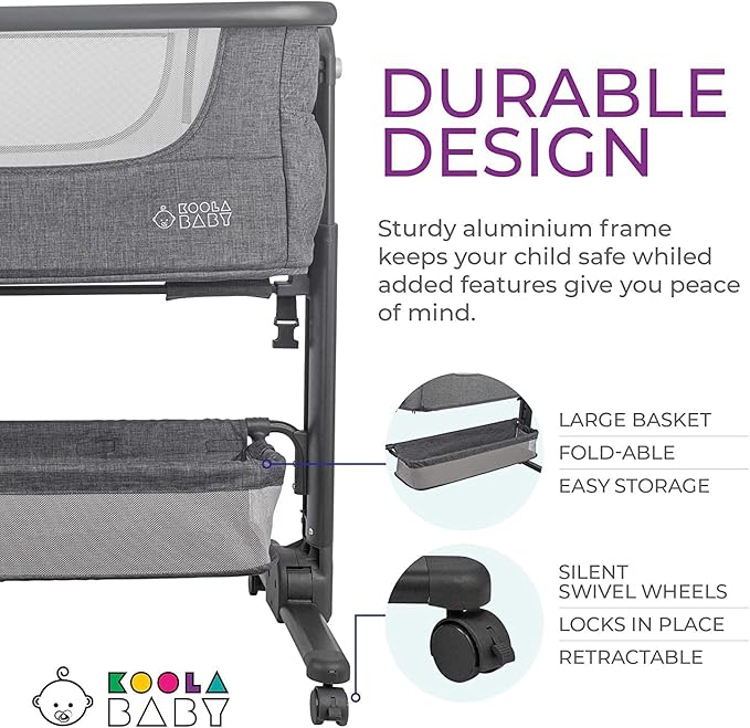 KoolerThings Baby Bassinet, Bedside Sleeper for Baby, Easy Folding Portable Crib with Storage Basket for Newborn, Bedside Bassinet, Comfy Mattress/Travel Bag Included (Bassinet) (Grey)