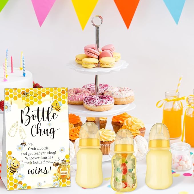 TrelaCo Bottle Chug Baby Shower Game 20 Pcs Baby Bottles Shower Favor with 1 Bee Theme Sign for Gender Reveal Party Supplies Gifts(Yellow)