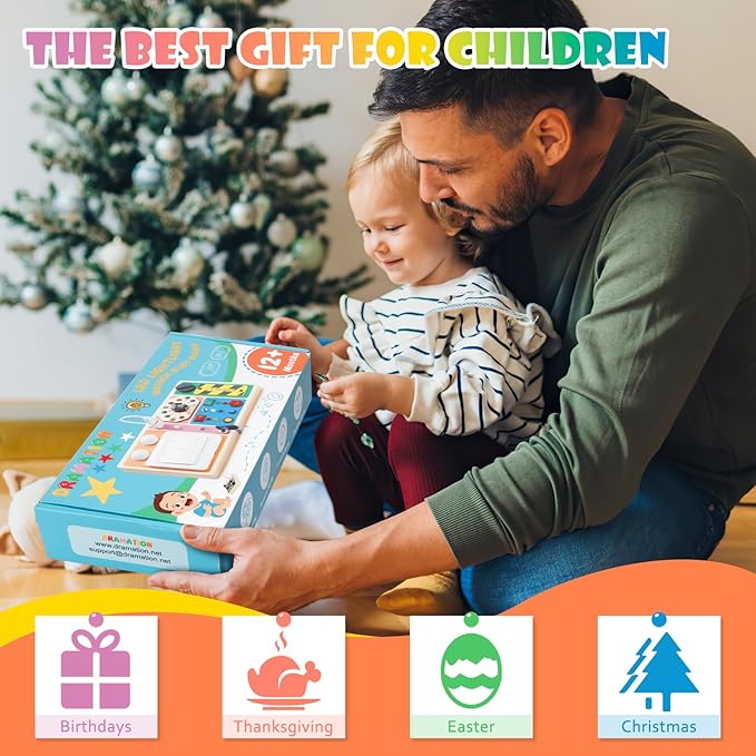 Busy Board with LED Light, Wooden Switches Board Sensory Toys for Toddlers 1-3, Toddlers Activity Travel Montessori Toys for 1 2 3 Year Old Boys Girls Birthday Gift