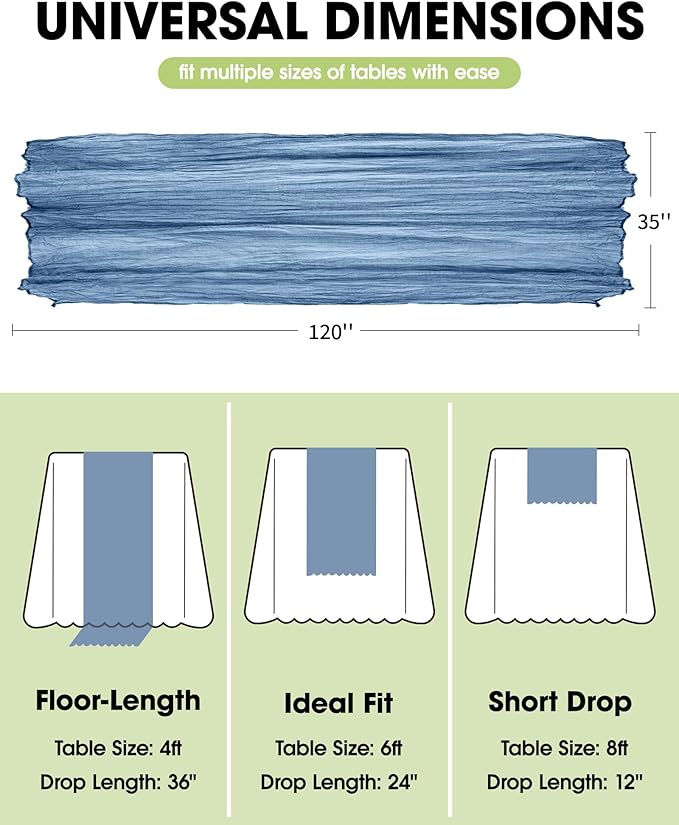 Pureegg 2-Pack Cheese Cloths Table Runner, 120'' Boho Table Cloth Decorations for Party, Baby Shower, Wedding and Farmhouse, Fabric Room Decor, Dusty Blue