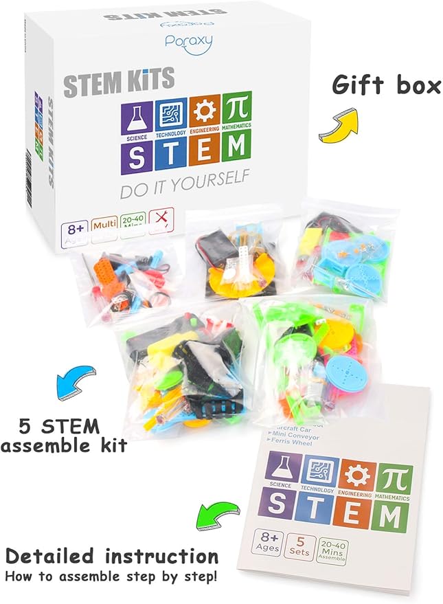 Poraxy 5 Set STEM Science Kits for Kids Age 8-12, DC Motors Electronic Assembly Robotic STEM Toys for Age s 8-13, Building Experiments Projects Kits, Gifts for Boys and Girls Ages 6 7 8 9 10 11 12 13