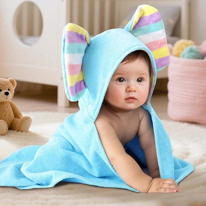 VOOVA & MOVAS Baby Hooded Bath Towel - 100% Cotton, 33x23.5 Inches,0-3Years, Super Absorbent Large Towel with Cute Elephant Ears Hood for Newborn, Baby, Toddler,Baby Blue