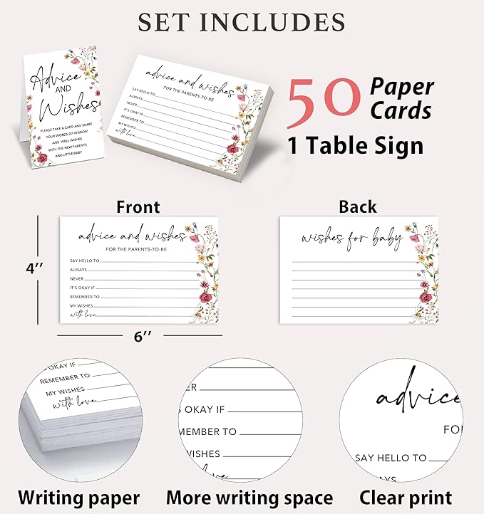 50Pcs Baby Shower Advice and Wishes Cards with Memory Guest Book – Sweet Messages for New Mom & Dad – Baby Shower Games, Party Decorations & Keepsake -A04