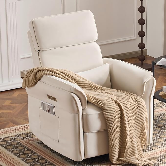 MELLCOM Power Recliner Rocking Chair Nursery Gliders with Adjustable Armrests and Headrest, Swivel Electric Glider Reclining Nursing Chair with USB Port and Storage Bags, FSC Certified