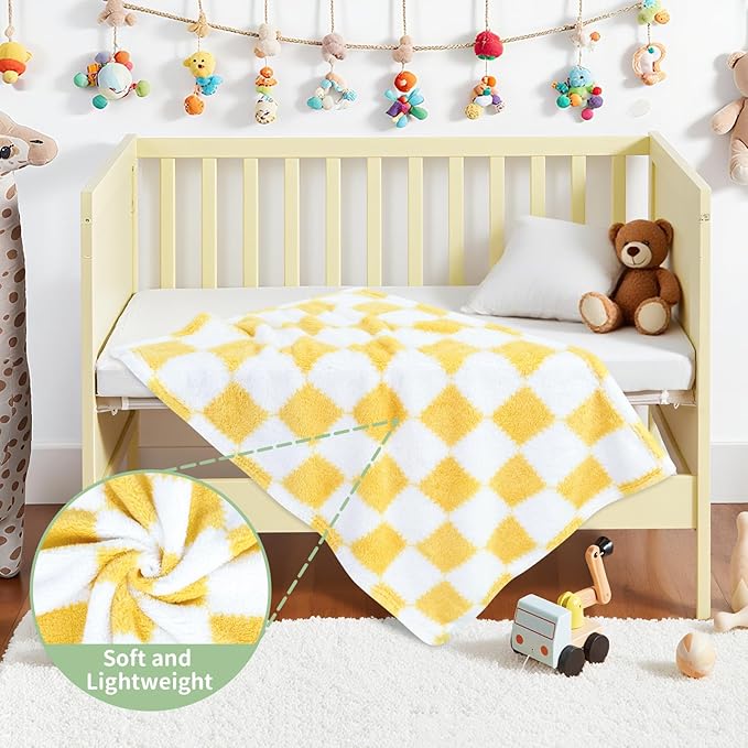 Checkered Baby Blanket for Boys Girls, 2 Pack Soft Baby Boy Girl Blankets, Small 28 x 40 inches Toddler Fleece Blanket, Essentials Crib Stroller Items, Newborn Gift (Yellow)