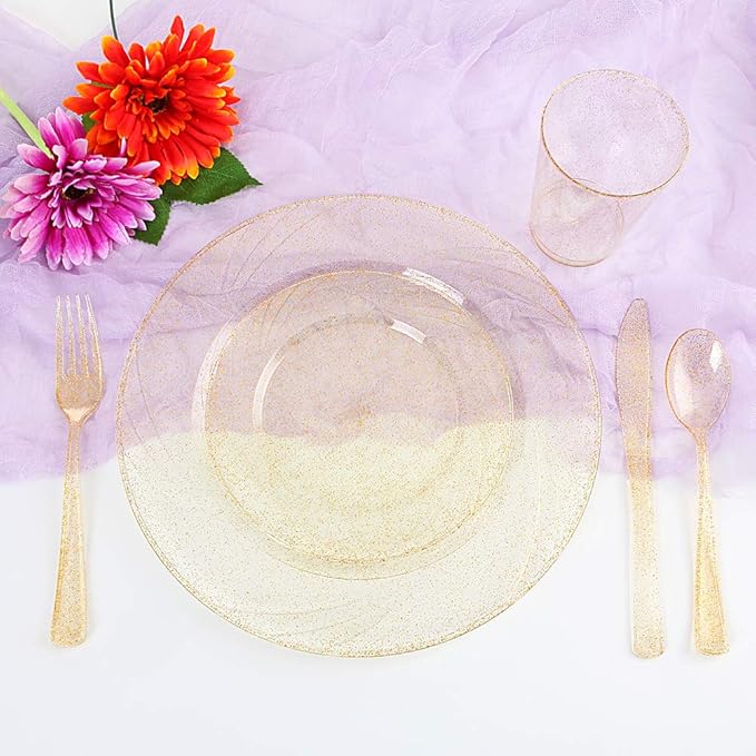 WDF 100pcs 12OZ Gold Cups - Disposable Gold Glitter Plastic Cups - Premium Wedding - Party for Thanksgiving, Christmas