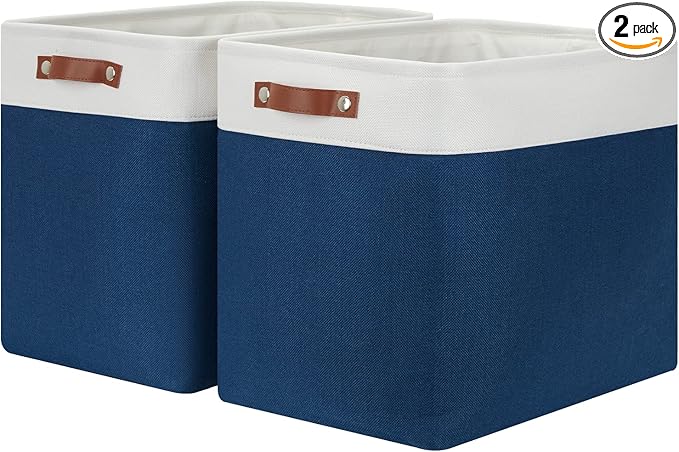 HNZIGE Storage Baskets for Organizing, Set of 2, Foldable Storage Bins Navy Blue Tall Baskets for Shelves, Canvas Collapsible Storage Bins with Handles for Storage Closet Linen(White Blue)
