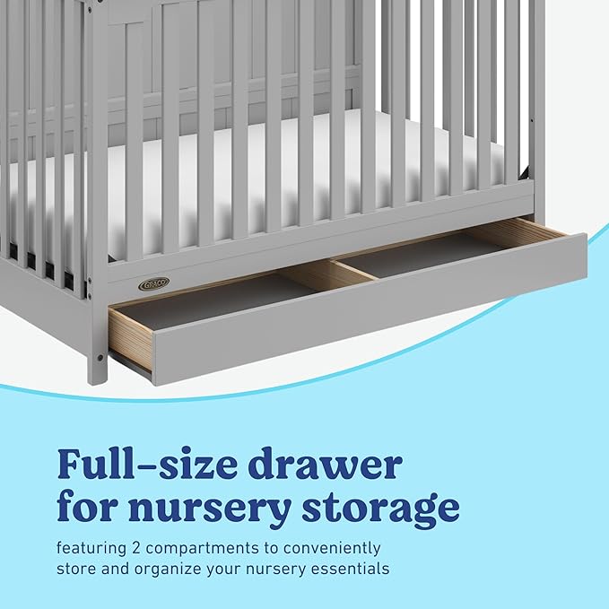 Graco Hadley 5-in-1 Convertible Crib with Drawer (Pebble Gray) – GREENGUARD Gold Certified, Crib with Drawer Combo, Full-Size Nursery Storage Drawer, Converts to Toddler Bed, Daybed