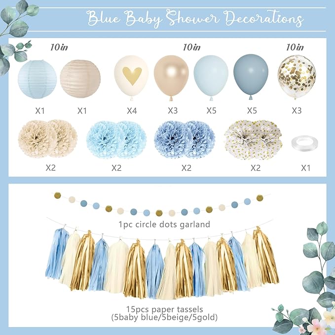 Amandir Dusty Blue Boy Baby Shower Decorations Welcome Baby Banner, Cake Topper, Paper Lantern, Light Blue Balloons, Pom Poms Flowers Tassels, Circle Dots Star Garland, Birthday Party Supplies