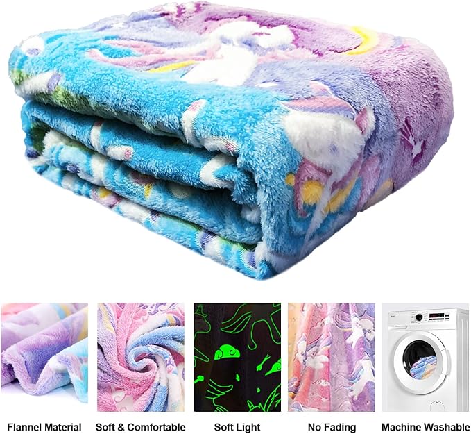 Unicorn Glow in The Dark Kids Blanket, Soft Fleece Throw 50"x60" for Girls & Boys, Ages 3-12