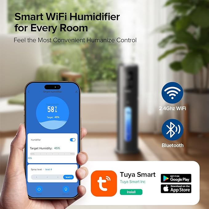 Smart Humidifiers for Bedroom Large Room, 7L/1.85Gal Quiet Humidifiers with 350ML/H Large Mist Speed,Smart App & Remote Control, 4 Mist Levels,Easy Top Fill, Cool Mist Humidifier for Home & Office