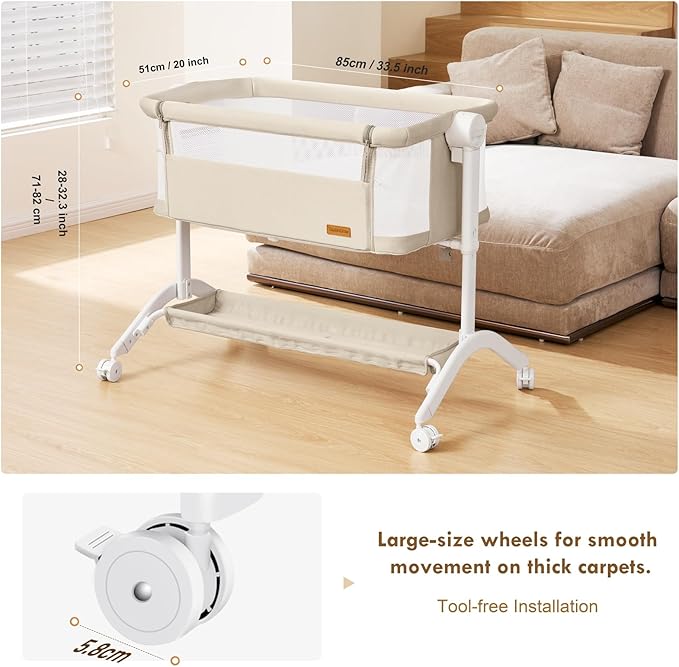 Bassinet Bedside Sleeper - All-Mesh Design, Portable Bedside Bassinet for Baby with Washable Mattress, 5 Adjustable Heights(Beige)