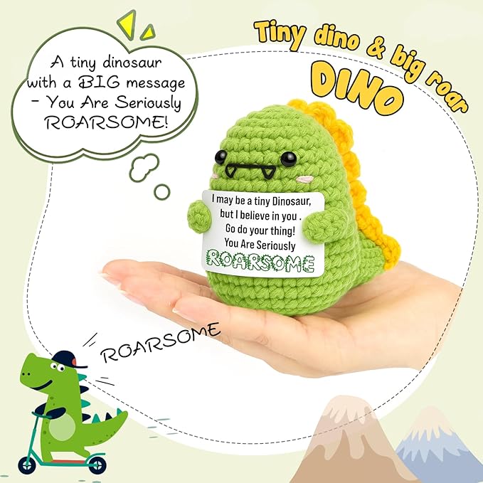 Mini Inspirational Gifts for Teens Back To Shcool Gifts for Students Boys Girls Kids Handmade Positive Crochet Dino for Women Men Coworker Friends Motivational Birthday Christmas Stocking Stuffers