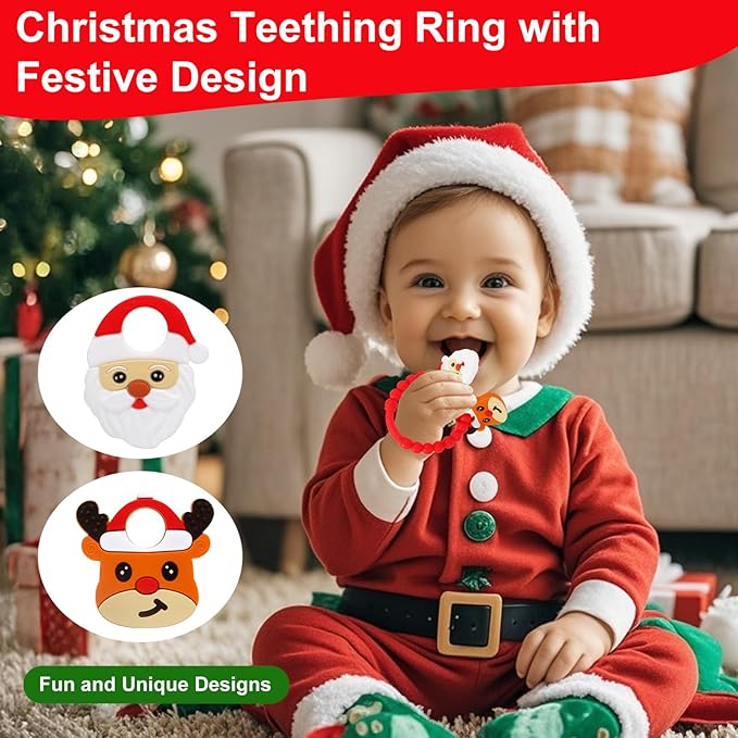 Christmas Baby Teething Ring Toys – Santa Claus & Reindeer Teethers for Newborns, Infants & Toddlers – Sensory Chew Bracelet for Teething Relief – Perfect Baby’s First Christmas Stocking Stuffers