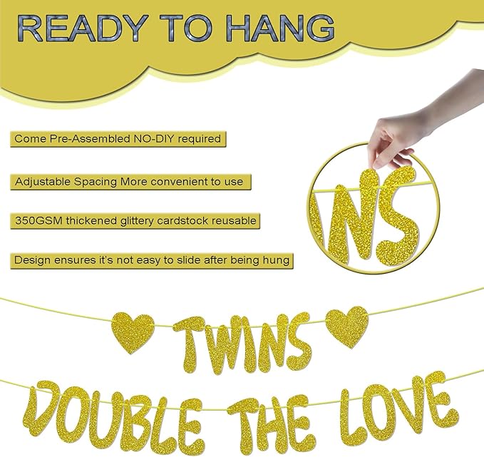 Twins Double The Love Gold Glitter Banner, NO-DIY,Twins Baby Shower/Twins Birthday Party Decorations