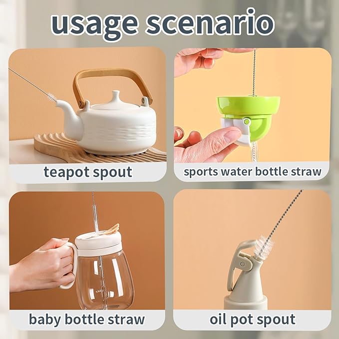Bottle Cleaning Brush Set, Long Handle Silicone Brush, Detachable Cotton & Nylon Cup Scrubber, Straw Brushes for Baby Bottle, Sippy Cup, Glass Bottle, Tumbler, Tube, Nipple & More
