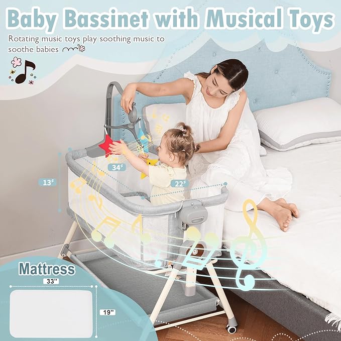 Baby Bassinet, Rocking Bassinet, 3 in 1 Bassinets Bedside Sleeper with Musical Toys, Bedside Bassinet for Baby with Storage Basket and Wheels, Adjustable Bedside Crib for Newborn (Grey)