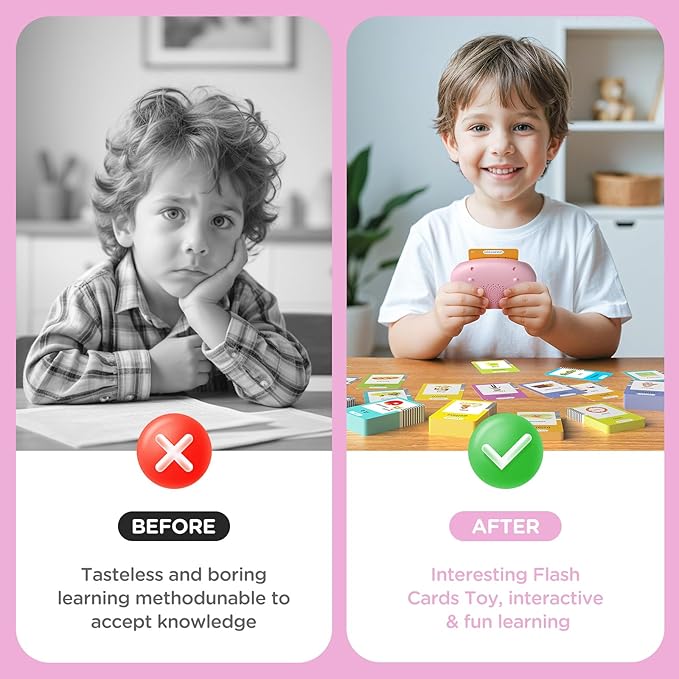 Spanish & English Talking Flash Cards for Toddlers, Pocket Speech Therapy Toys with 510 Words, Montessori Language Learning and Autism Toys, Children's Sensory Learning Device Gift (Pink)